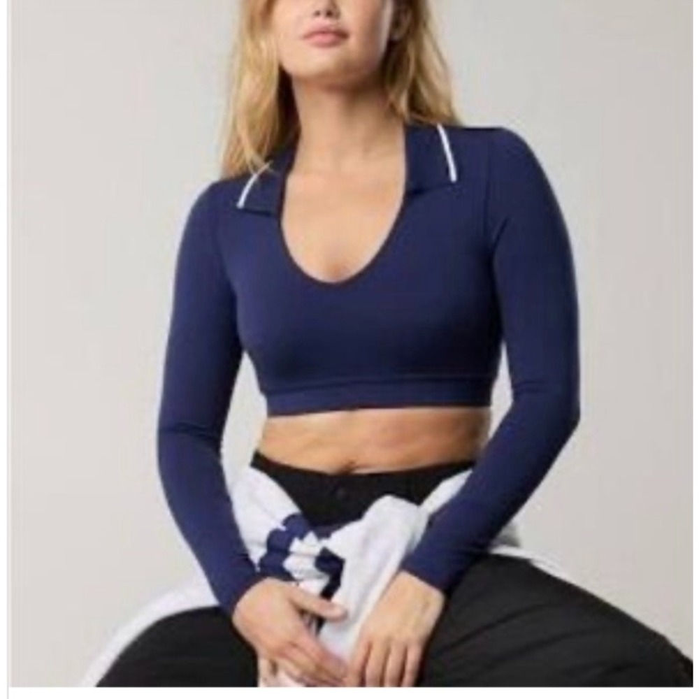 OFFLINE by Aerie Real Me Navy Blue Collared V-Neck Long Sleeve Crop Top Small